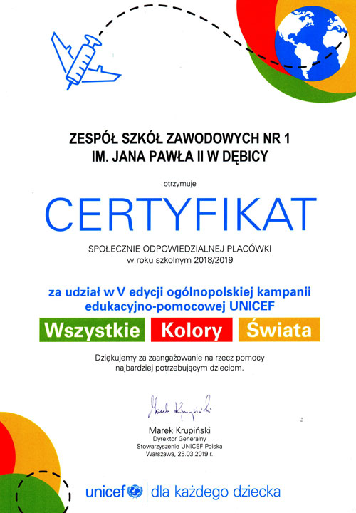  Mamy certyfikat za udzia w V edycji oglnopolskiej kampanii Wszystkie Kolory wiata zorganizowanej przez UNICEF