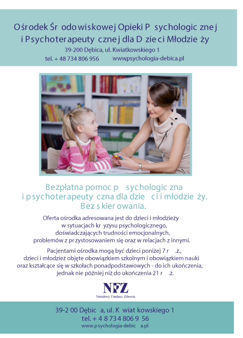 Informacja o osrodku: Oferujemy bezpłatną pomoc psychologiczną i psychoterapeutyczną dla dzieci i młodzieży oraz ich rodzin
